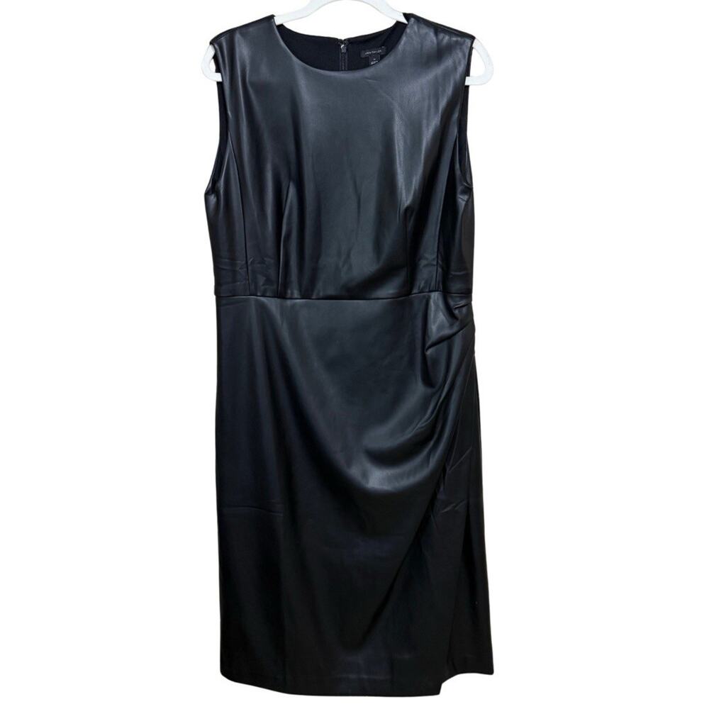 Ann Taylor Faux Leather Sheath Dress Size 14 Black Draped Skirt Knee Length NWT